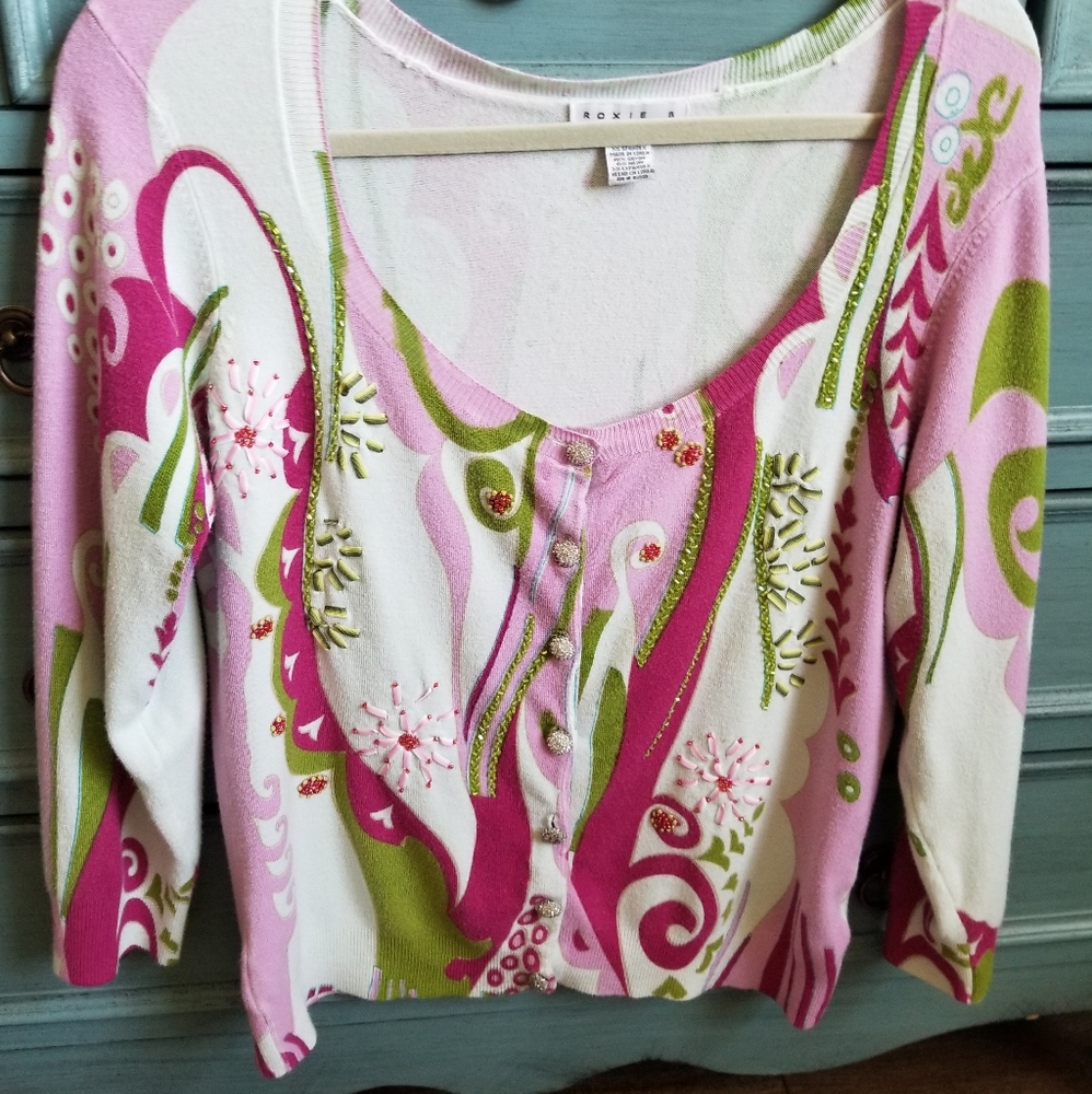 VTG ADOREABLE ROXIE B COLORFUL BEADED CARDIGAN